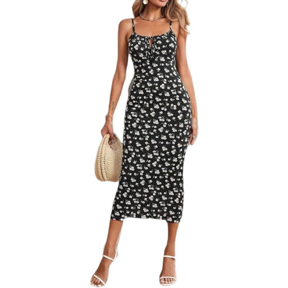 BEROZA BLACK & CREAM FLORAL BODYCON MIDI DRESS SZ.M EUC.  WORN ONLY 1X